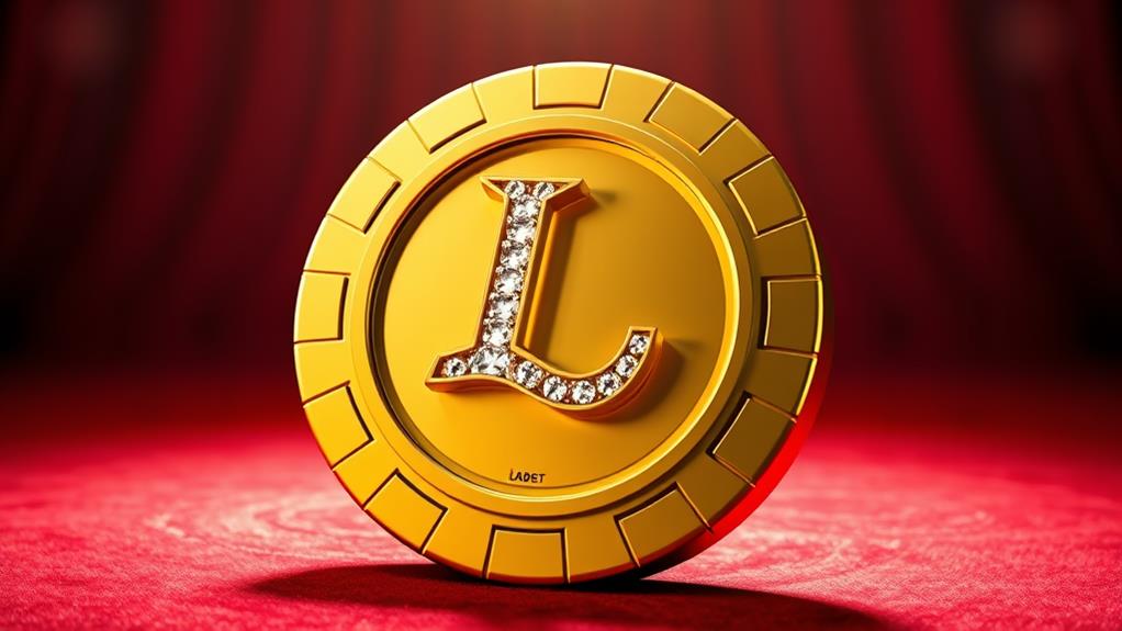 Eine Goldmünze mit einem diamantenbesetzten Buchstaben „L“ in der Mitte liegt auf einer roten Oberfläche und erinnert an den Luxus im Lamabet Casino.