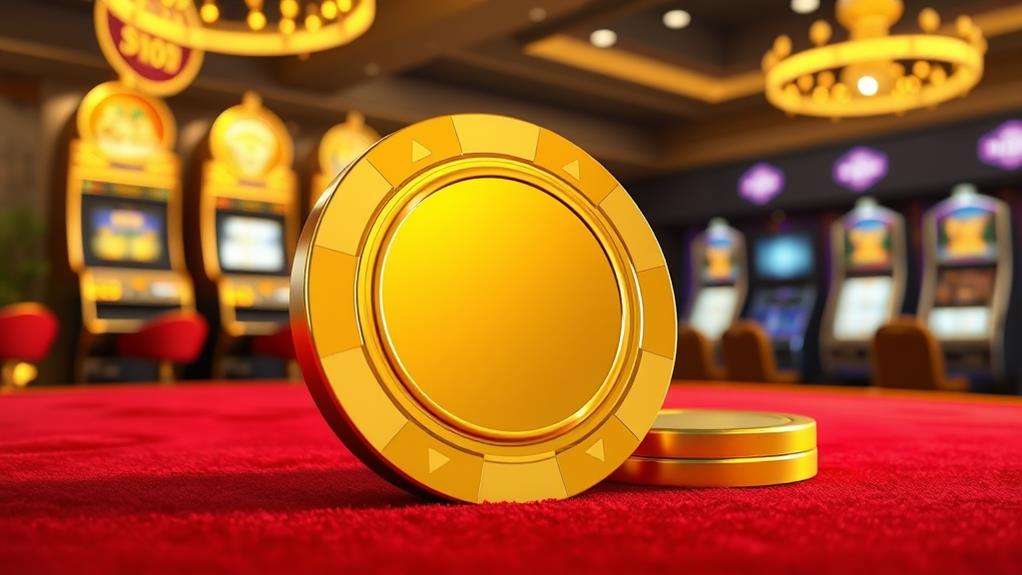 Nahaufnahme eines goldenen Welle-Casino-Chips auf einer roten Oberfläche, mit Spielautomaten und einem Kronleuchter im unscharfen Hintergrund.